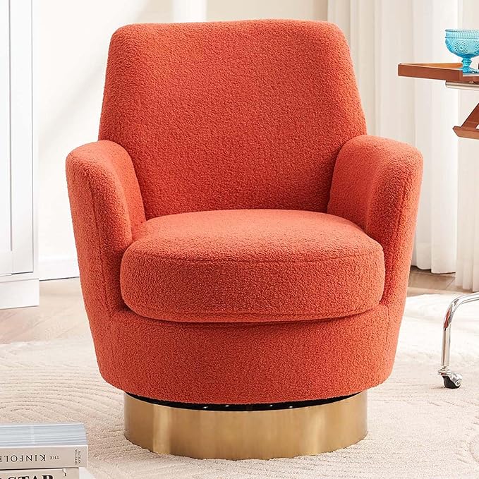 Teddy Swivel Accent Chairs for Living RoomComfy Swivel Barrel Chair with Foam Cushion Round Swivel Chair &amp Boucle Swivel Chair with High Back Round Armrest Gold Base (Orange)