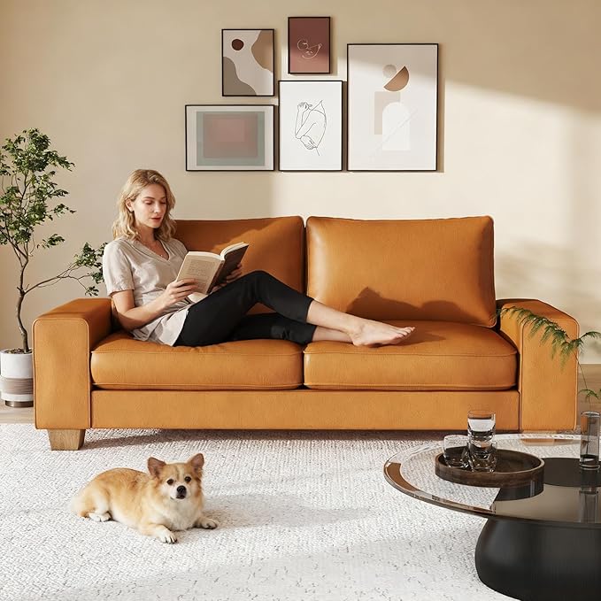 Modern Faux Leather Loveseat Sofa Compact Small Couch with Spring Cushions &amp Solid Wood Frame Easy-Clean Removable Cover Living Room Office Apartment Furniture (71.25 Brown)