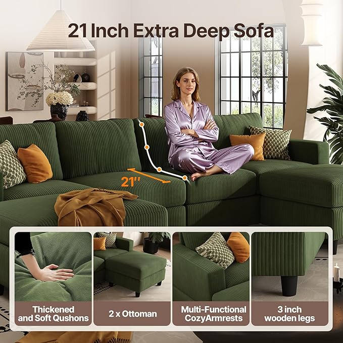 101 Inch Green Corduroy Sectional Sofa U Shaped Sectional Sofa with 2Ottomans 6 Seater Convertible Corduroy Sofa Comfortable Living Room Couch (Green 4 Seat with 2 Ottoman)