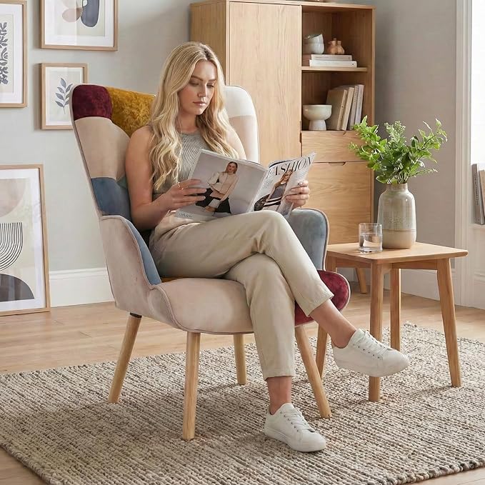 Joysoul Living Room Accent Chair Modern High Back Arm Chair Golden Burgundy Bohemian Style Chairs for Bedroom Waiting Room