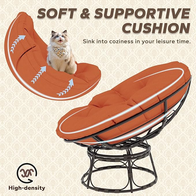 46'' Large Size Papasan Chair (Non-Swivel) with Cushion and Frame Round Lazy Chair for Living Room and Bedroom Orange