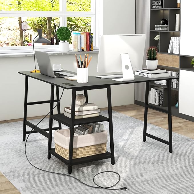 Tangkula 48” L Shaped Computer Desk Corner Study Writing Desk with Outlets &amp USB Ports Home Office Desk Computer Workstation with 2-Tier Shelf Executive Desk (Black)