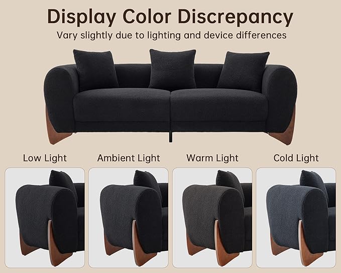 Morden Fort Sherpa Boucle Chair Single Tilted Modern Wood Chair with Thick Cushion Comfortable Lumbar Pillow Armless Reading Accent Chair Compatible with Sofa Set Couch for Living Room Black