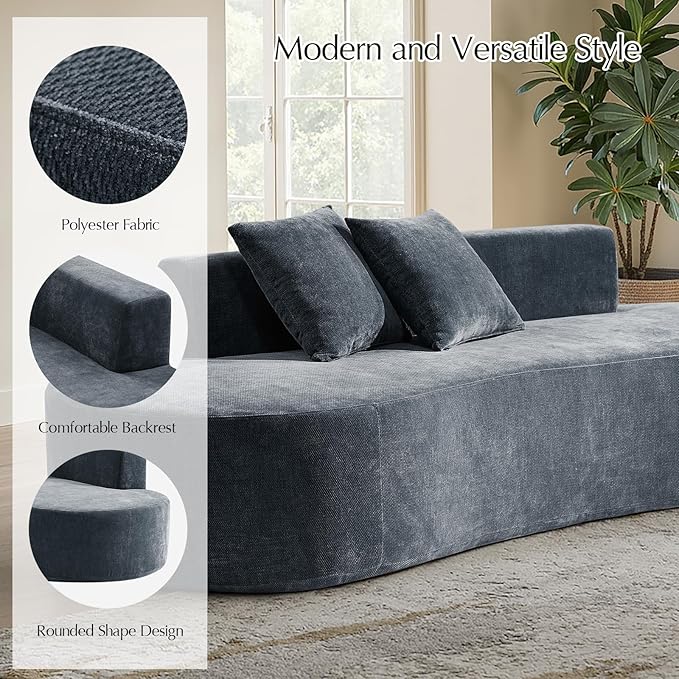 HULALA HOME 94.5 Curved Boneless Couch with Two Pillows Oversized 3 Seater Compressed Foam Sofa with Deep Seat Modern Cloud Couch for Living Room No Assembly Required Blue