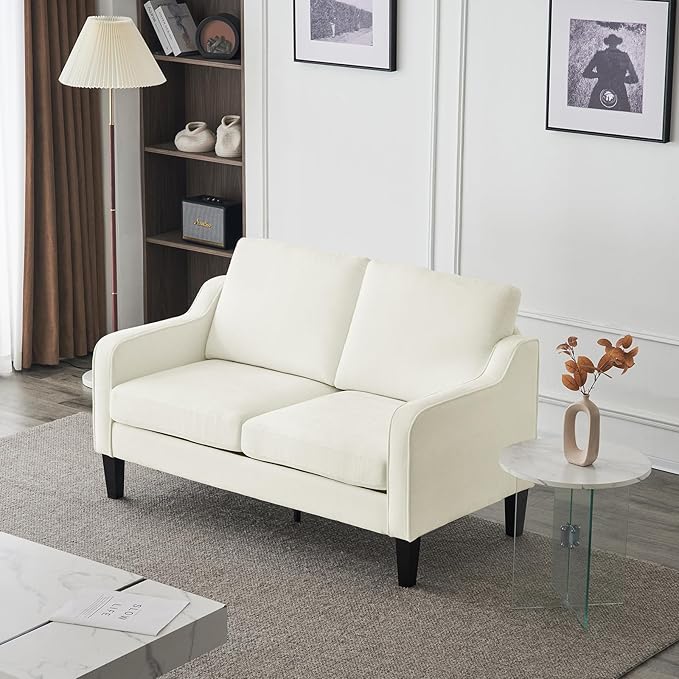 VINGLI Loveseat Mid-Century Modern Loveseat Sofa Couch 53 Wide 2 Seater Sofa Couch Love Seat with Scooped Armrest for Small Spaces Living Room Dorm Bedroom Apartment (Creamy White)