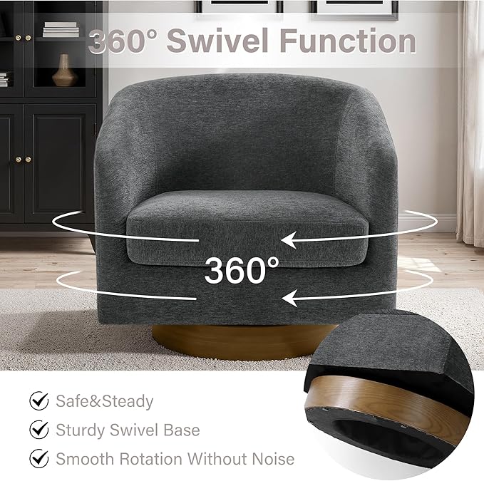 Swivel Accent Chair 31 W Chenille Fabric Swivel Barrel Chair for Living Room Modern Comfy Upholstered Round Armchair Single Sofa Chair for Bedroom Club-Gray