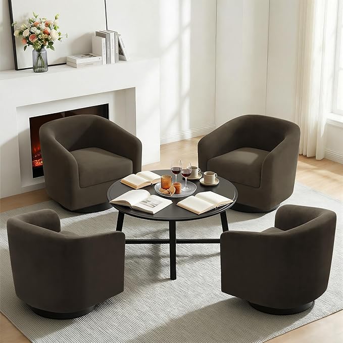 Swivel Barrel Accent Chair Modern Round Chenille Fabric Arm Chair for Living Room Bedroom Comfy Club Reading Chairs for Adults（Velvet Coffee Set of 4