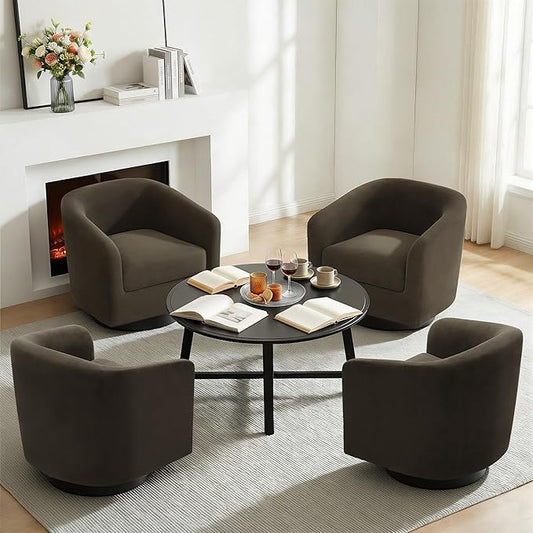 Swivel Barrel Accent Chair Modern Round Chenille Fabric Arm Chair for Living Room Bedroom Comfy Club Reading Chairs for Adults（Velvet Coffee Set of 4