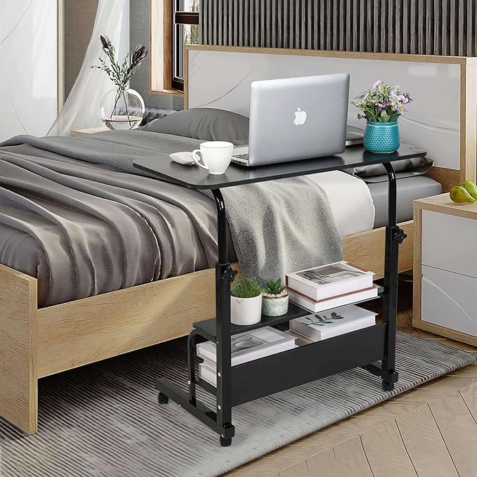 Home Office Desk Movable Bedroom Adjustable Table Modern Small Study Laptop Computer for Living Room Couch Portable Spaces with Wheels Storage Furniture 31.5x15.7 Black