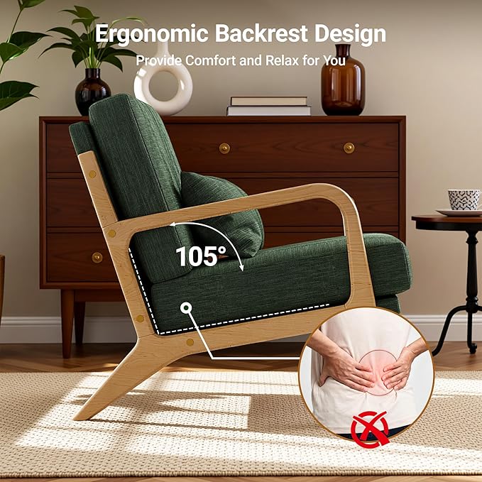 Claiks Mid-Century Modern Accent Chair Living Room Armchair with Solid Wood Frame &amp Lumbar Pillow Comfy Upholstered Lounge Chair for Bedroom Office Linen-Like Fabric Green