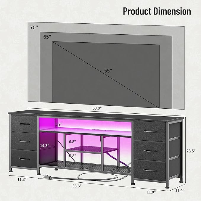 Furologee LED TV Stand for 65 70 Inch TV 63 Inch Entertainment Center with Power Outlets 6 Fabric Drawers Dresser for Bedroom Media Console with Open Shelves PU Leather Surface Black