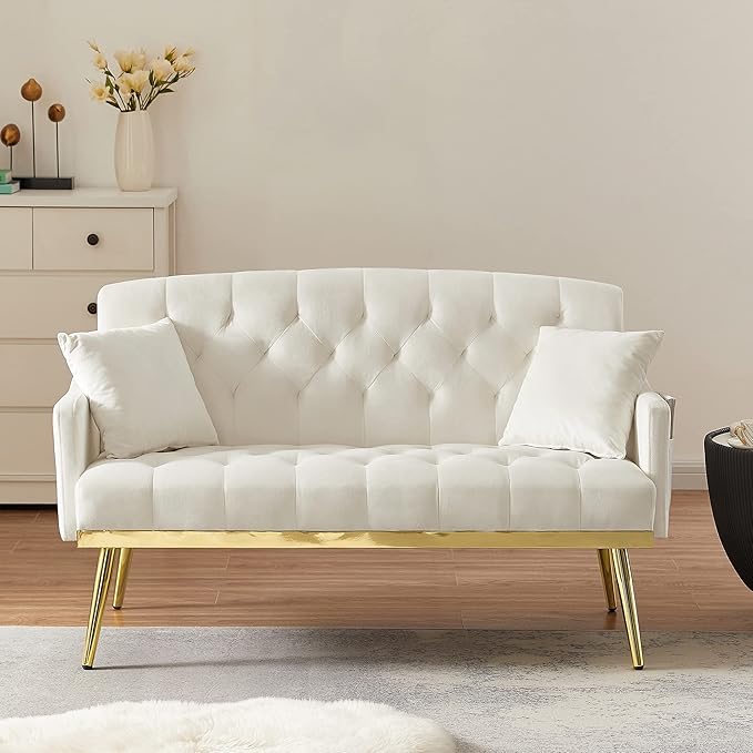 Velvet Tufted Small Loveseat Sofa Modern 2 Seater Accent Sofa Couch with Gold Metal Legs and 2 Pillows for Living Room (Cream White)