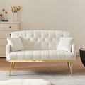Velvet Tufted Small Loveseat Sofa Modern 2 Seater Accent Sofa Couch with Gold Metal Legs and 2 Pillows for Living Room (Cream White)