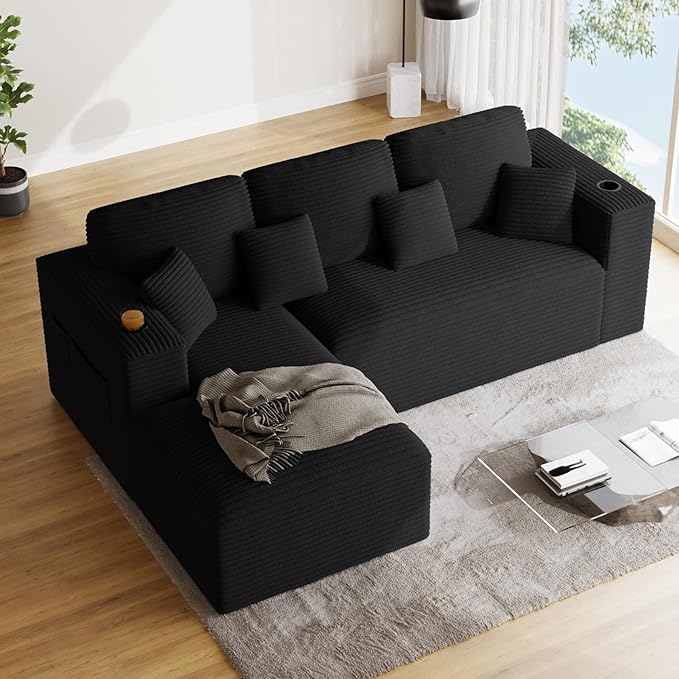 110 Modular Sectional Sofa Cloud Couch Modern Deep Seat Fluffy Corduroy Boneless Couch with Cup Holder Comfy L Shaped Sectional Couches for Living Room Bedroom. (Left Facing Black)