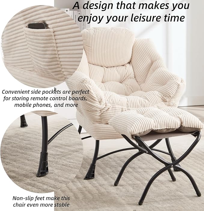 Modern Lazy Chair with Ergonomic Ottoman Comfortable Lounge Chair with Footrest for Space Saving Comfy Reading Armchair for Living Room Bedroom Office White