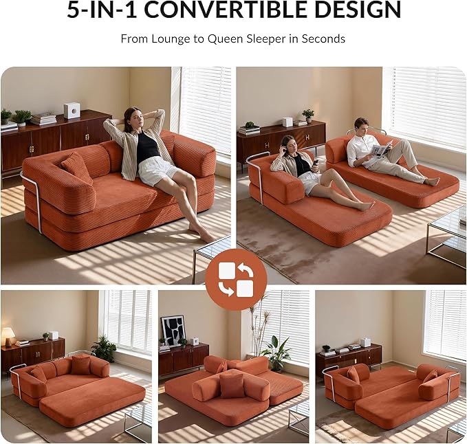 5-in-1 Convertible Sofa Bed Boneless Floor Couch Queen Size with Magic Pillow Blankets Zero-Assembly Sleeper Futon for Apartments Renters &amp Micro-Living Spaces Orange