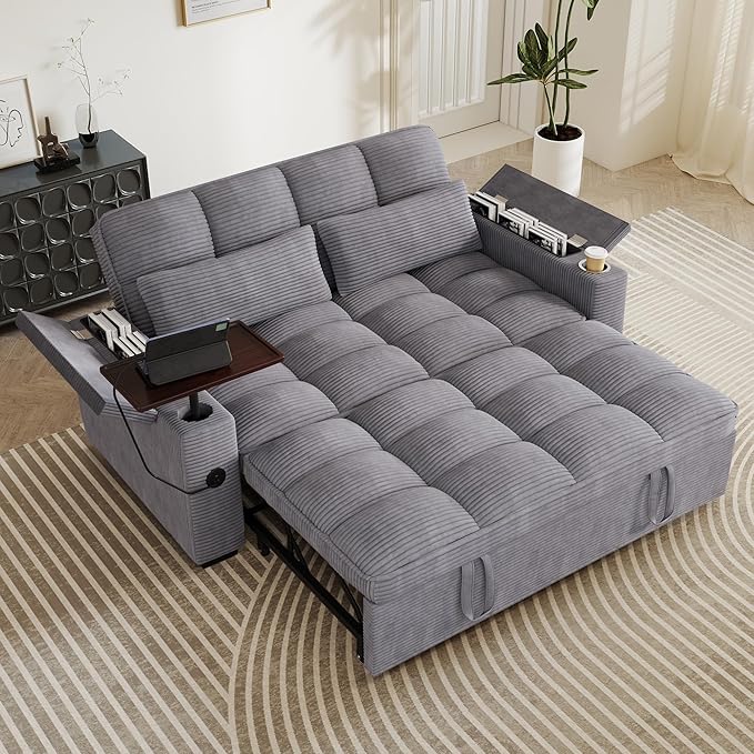 65'' Sleeper Sofa with Pull Out Bed 3 in 1 Convertible Sofa with Cup Holder and Storage Armrests Corduroy Loveseat with Swivel Table Adjustable Backrest &amp Charging Ports for Living Room Purple