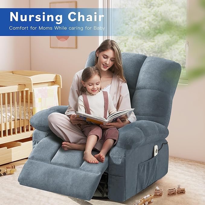 Swivel Recliner Chair for AdultsOversized Rocker Recliner with Vibration Massage and Lumbar HeatErgonomic Rocking Chair with Side PocketUSB Charge Port for Living Room