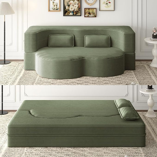 2 in 1 Folding Floor Couch Sofa Bed with 2 Pillows Convertible Sleeper Sofa Modern Full Mattress for Living Room Guestroom Plush Corduroy Floor Sofa BedNo Assembly RequiredGreen