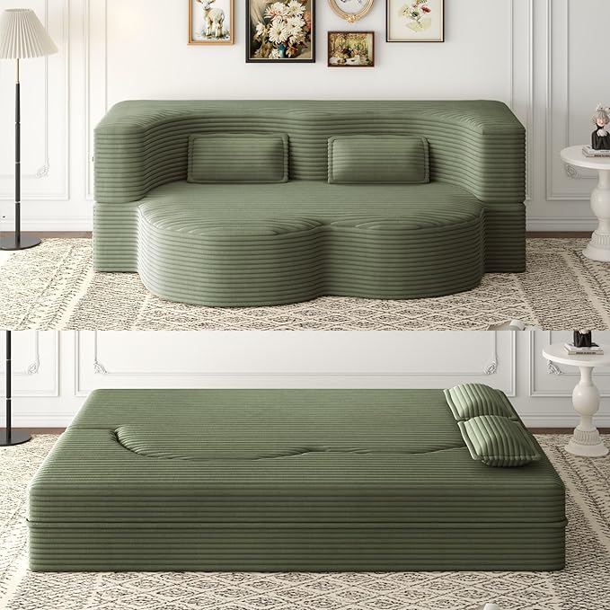JOYBASE 78in Sofa Couch Convertible Oversized Cloud Loveseat Minimalist Sleeper Sofa Bed for Living Room Apartment Office No Assembly Required (Light Green Corduroy)