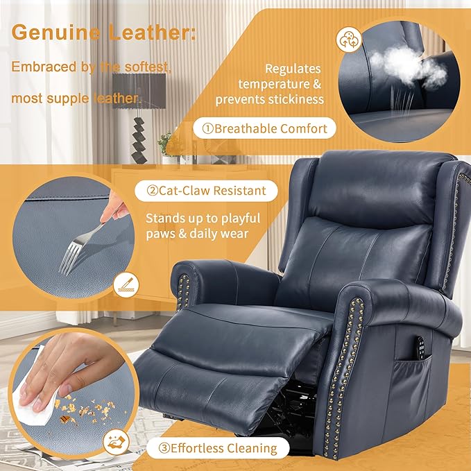 360° Swivel Glider Chair for Nursery Wingback Genuine Leather Rocking Recliner with Lumbar Heat &amp Massage 8-Point Vibration Massage for Living Room Bedroom