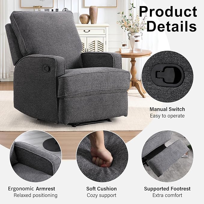 INZOY Manual Recliner with Thicker Backrest Soft Fabric Recliner Chair with Overstuffed Cushion Heavy Duty Reclining Sofa for Living Room Bedroom Apartment Grey