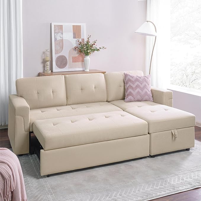 Naomi Home 85 in. Convertible Sofa with Storage Reversible L Shape Sofa Couch with Chaise Comfy Couches for Living Room Beige/Velvet