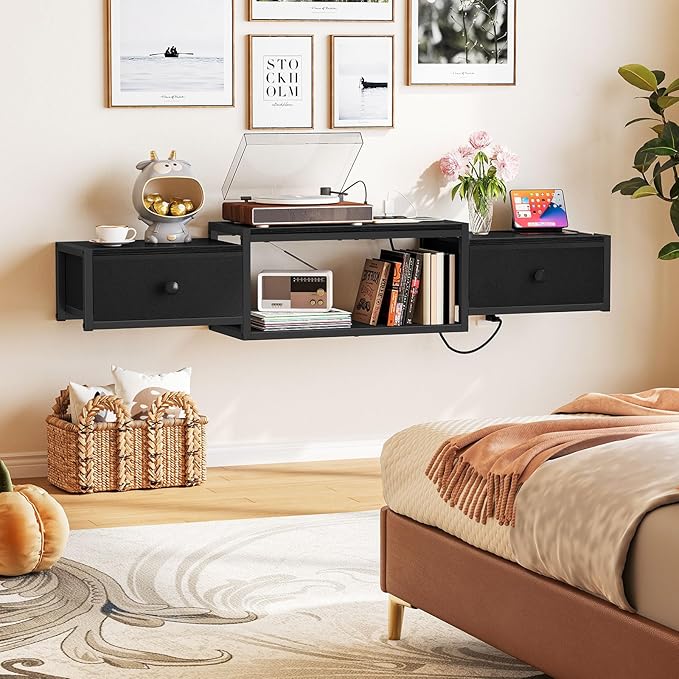 Snughome Floating TV Stand Wall Mounted with Power Outlet 55 Floating Entertainment Center with LED Lights Floating TV Shelf with Drawer Wall Mounted Media Console Shelf for Living Room Bedroom
