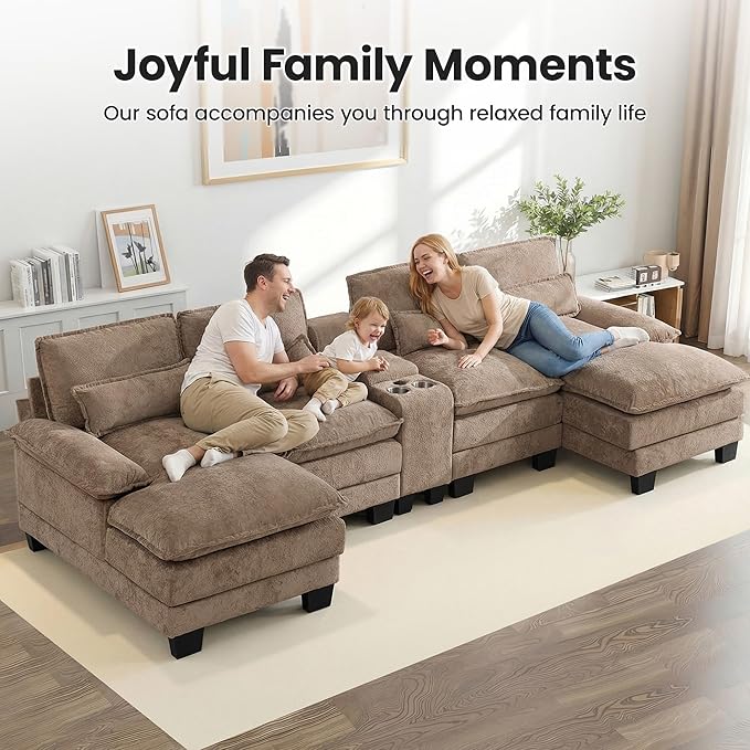 125 U Shaped Modular Sectional Cloud Sofa Small Sherpa Upholstered Double Chaise Living Room Couch Storage Central Console Cup Holders USB Port Camel