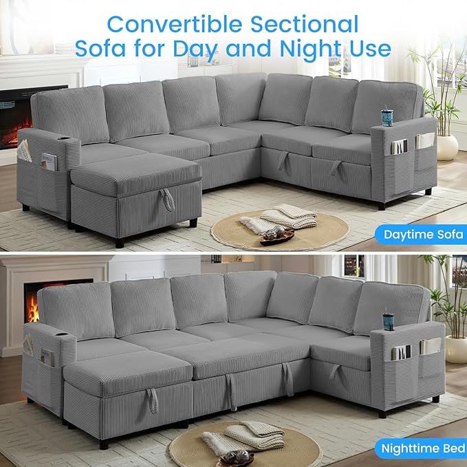 PUREMIND 100 Sectional Sleeper Sofa with Pull Out Bed U Shaped Modular Sectional Sofa with Storage Chaise Corduroy Cloud Sofa Bed with Cup Holders for Living Room Bedroom Apartment Grey