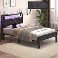 Twin Size Bed Frame with LED Lights and Charging Station Wood Storage Headboard with 2-Tier Shelves Heavy Duty Metal Slats No Box Spring Need Noise Free Easy Assembly Black