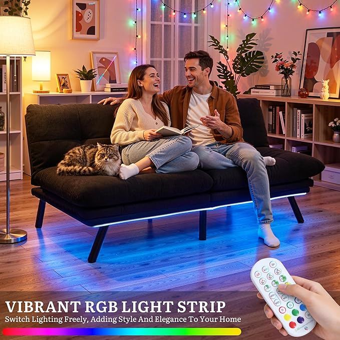 YITAHOME Convertible Futon Sofa Bed with Adjustable 3 Color Light Strip 70 Folding Futon Set for Living Room Home Office Aprtment Modern Futon Couch with Adjustable Backrest &amp Armrests Black