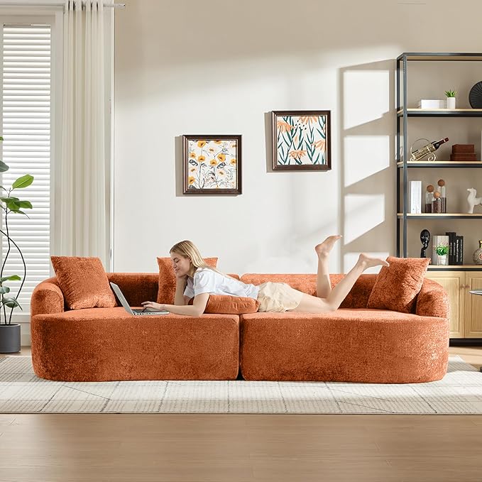 Curved Sectional Couch 110 Chenille Cloud Sofa with 4 Pillows 4-Seater Sleeper Sofa for Living Room Apartment Full Compression Sponge (Orange 110 Inch)