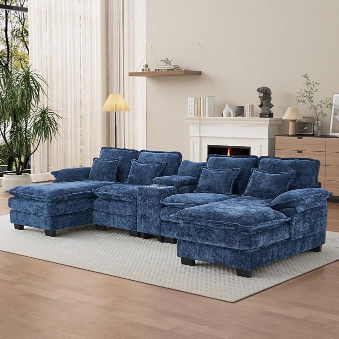 OUYESSIR U Shaped Cloud Sectional Couch 132 Fluffy Modular Sofa Set with Double Chaise Lounge Central Console &amp USB Port Comfy Chenille Big Sectional Couches for Living Room Dark Blue