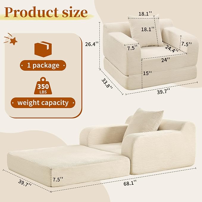 wanan 40 W Folding Sofa Bed 2-in-1 Convertible Bed Sofa to Boneless Sleeper Chair for Adult Comfy Armchair with Back Support Armrests and Pillow for Living Room Bedroom Single Beige | Easy-Conv
