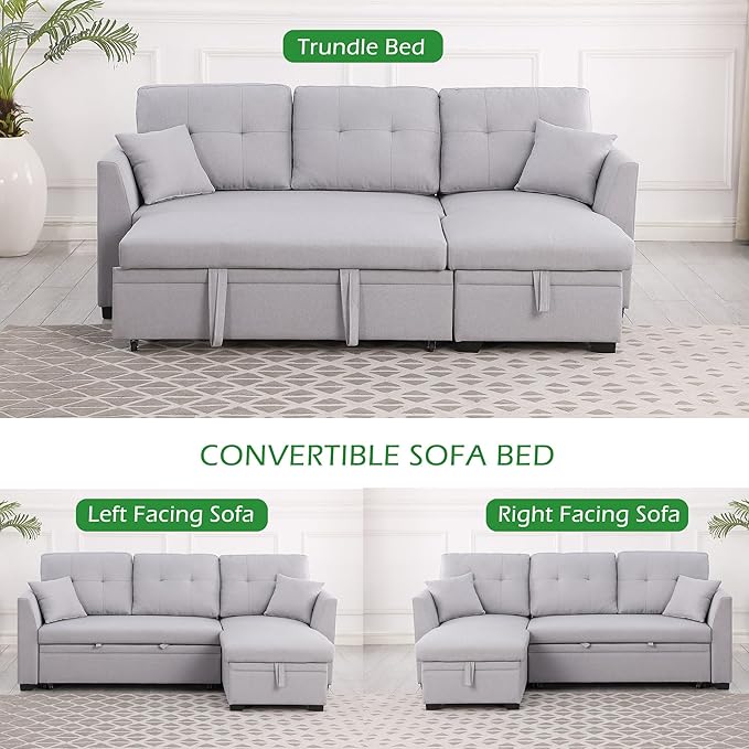BEEY Sleeper Sofa Bed 82 Small Convertible Sectional Sofa Couch with Storage Chaise L Shaped Couch with Pull Out Bed for Bedroom Living Room (Light Grey F4002)