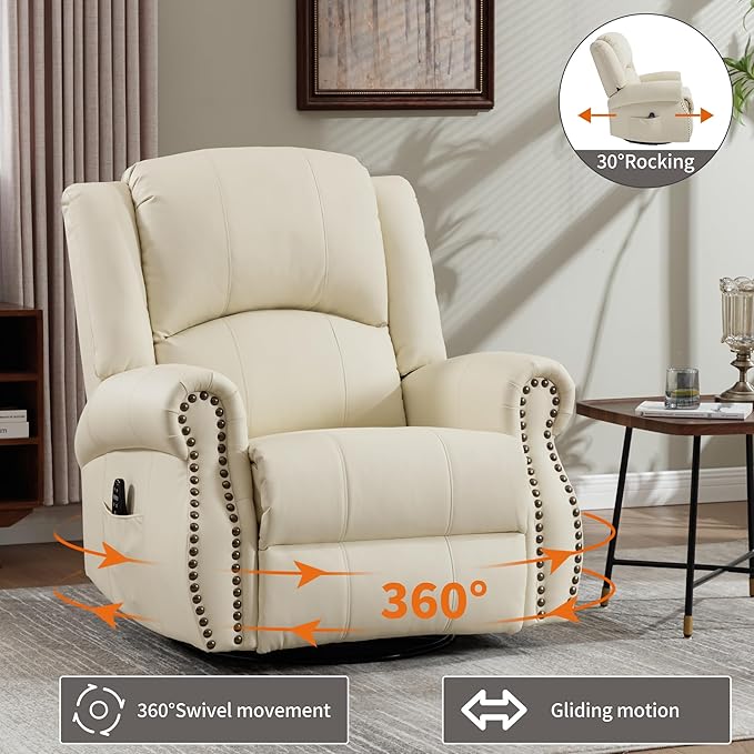 PELUMY Breathable Leather Swivel Rocking Recliner Chair for Adults 360° Swivel Glider Rocker with Heat &amp Vibrating Massage Lounge Chair for Living Room Bedroom Nursery (Creamy Beige)