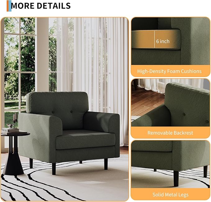 38 Wide Sage Green Accent Chair Modern Linen Upholstered Armchair with High-Density Foam Comfy Reading &amp Lounge Chair for Living Room Bedroom Home Office &amp Reading Nook (Earthy Green Tone