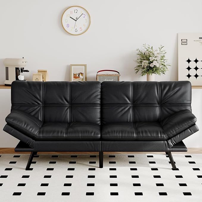 Futon Sofa Bed Convertible Couch Black Faux Leather Sofa Bed with Memory Foam Adjustable Backrest &amp Armrests Multifunctional Small Loveseat Sleeper Sofa for Living Room Apartment Office