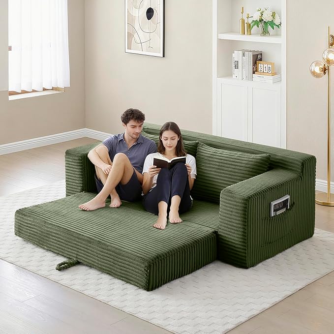 73 Memory Foam Cloud Loveseat Sofa 2 in 1 Convertible Folding Couch Bed Compressed Corduroy Floor Lounge Sofa No Assembly for Apartment Office Bedroom Living Room (Green)