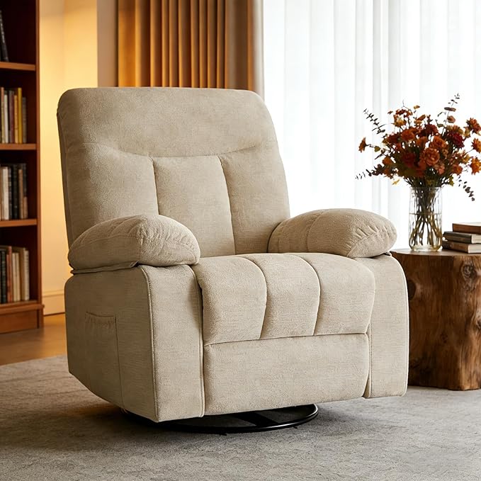Rocker Swivel Recliner Chair for Adults Single Reclining Sofa Chair with Heated and Full Body Massage Lounge Recliner Glider for Small Living Room Bedroom Beige