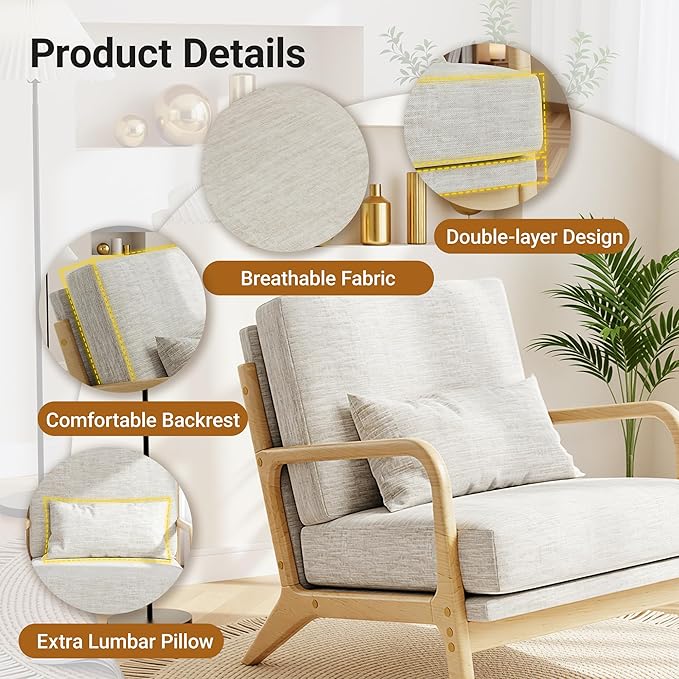 Claiks Mid-Century Modern Accent Chair Living Room Armchair with Solid Wood Frame &amp Lumbar Pillow Comfy Upholstered Lounge Chair for Bedroom Office Linen-Like Fabric Light Gray