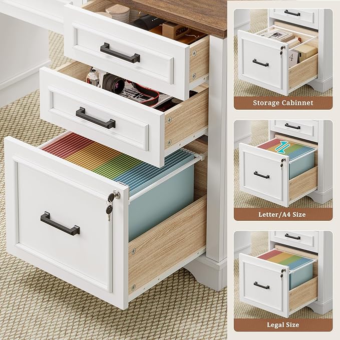 60'' Farmhouse Executive Desk with Drawers Home Office Desk with Power Outlet &amp LED Light Wood Computer Desk with Monitor Stand Locking File Drawer Glass Storage Cabinet Hooks White