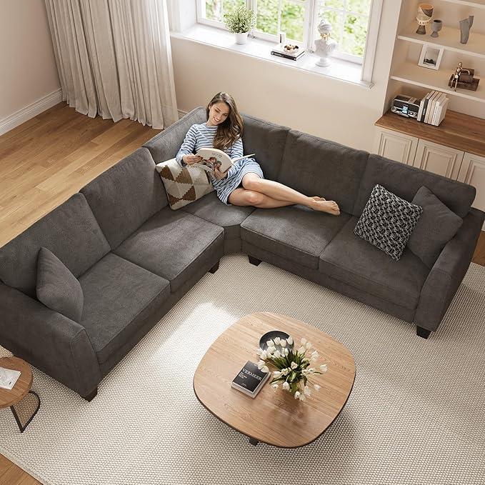 ONBRILL L Shaped Couch Small Corner Sectional Sofa for Living Room Comfy Chenille L Shape Sofa with 3 Throw Pillows Easy Assembly Convertible Sectional Sofa Couches for Apartment Grey