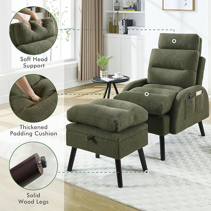 Accent Chair with Ottoman Comfy Reading Chair with Ottoman Set Modern Oversized Velvet Lounge Armchair with Adjustable Backrest for Living Room Bedroom (Teddy Dark Green)