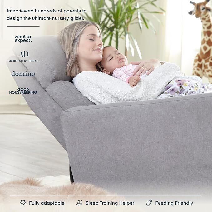 Nurture&amp The Glider Premium Power Recliner Nursery Glider Chair with Adjustable Head Support | Designed with a Thoughtful Combination of Function and Comfort | Built-in USB Charger (Gray)