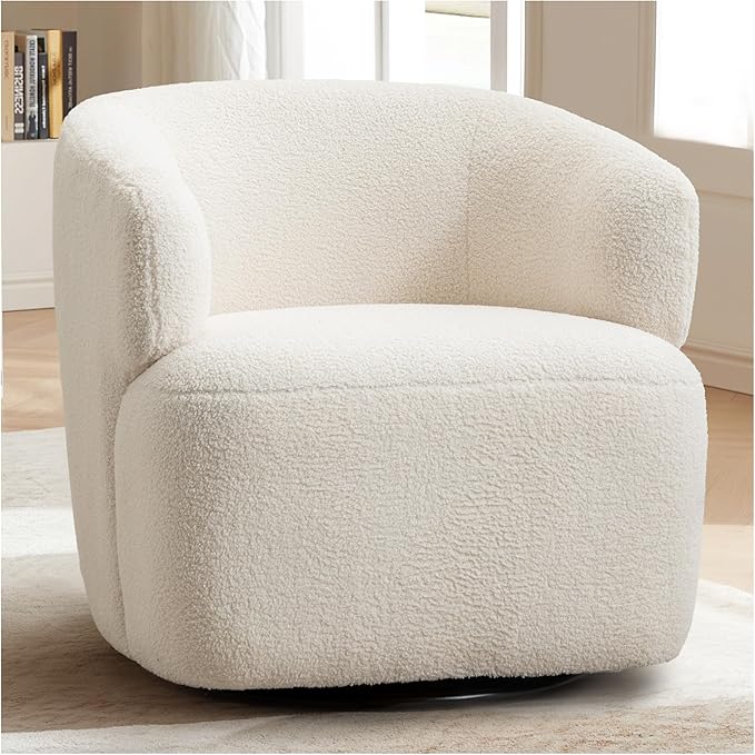 Swivel Accent Chair Upholstered Fabric Barrel Chair Boucle Round Boucle Armchair for Living Room Bedroom Beige Cream White