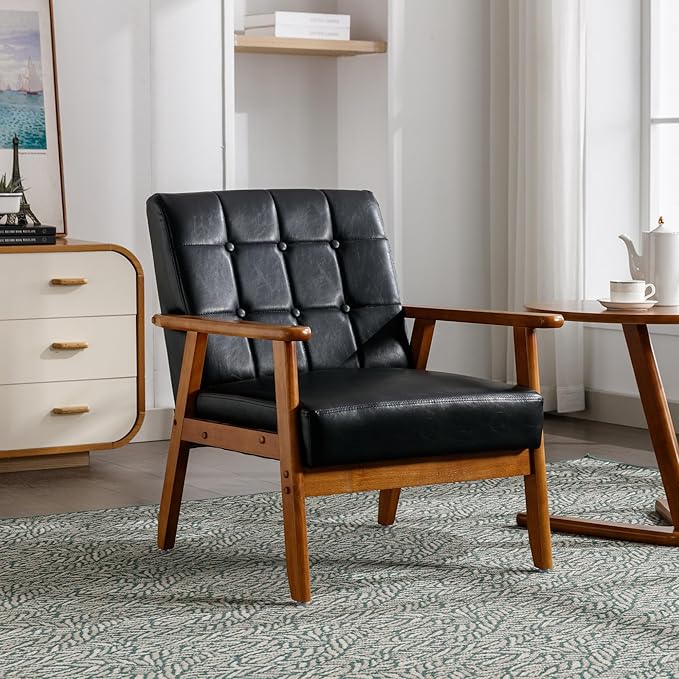 Modern Accent Chair Mid-Century Linen Armchair with Solid Wood Armrests Button-Tufted Comfortable Cushioned Reading Chairs for Living Room Bedroom (Black