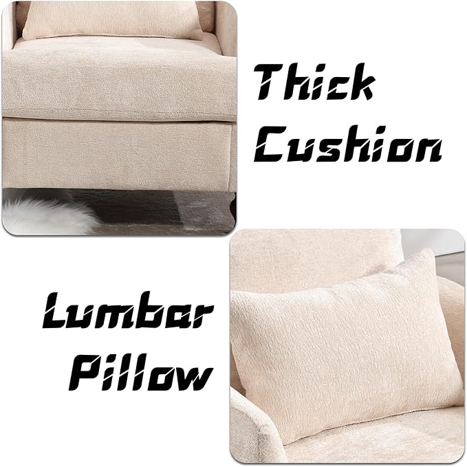 Oversized Accent Chair with Lumbar Pillow Upholstered Side Chairs for Living Room Bedroom Comfy Reading Chairs for Adults with Wide Seat Thick Cushion Soft Chenille (Beige)