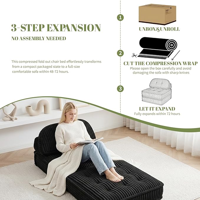 Foldable Sofa Bed in A BoxPortbale Compressed Chair BedCorduroy Convertible Twin Sleeper ChairFull Foam Fold Out Chaise Lounge for Living RoomBedroomApartment (Black)